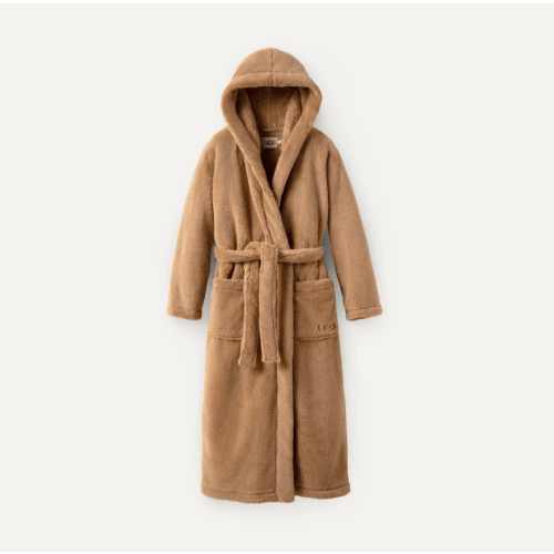 UGG Aarti Hooded Plush Fleece Long Cozy Robe, Color: Chestnut, Size: L