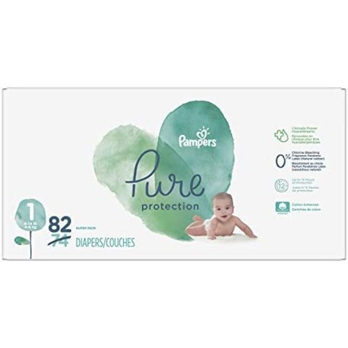 Diapers Newborn/Size 1 (8-14 lb), 82 Count - Pampers Pure Protection Disposable Baby Diapers, Hypoallergenic and Unscented Protection, Super Pack (Packaging & Prints May Vary)