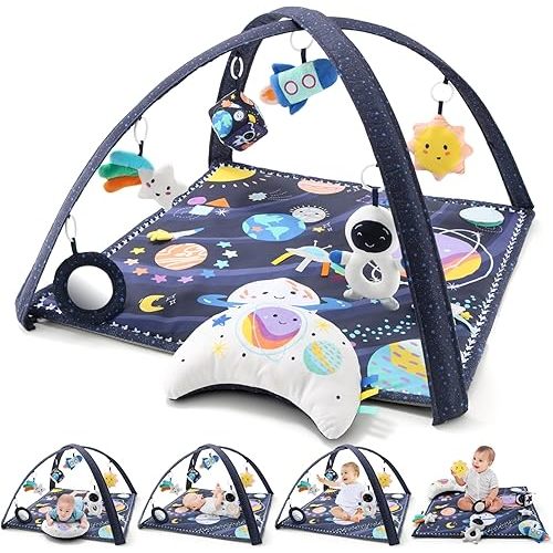 The Peanutshell Unisex Baby Play Gym & 7-in-1 Play Mat - Playmat Baby Toys 0-6, 6-12 Months Tummy Time Mat with Hanging Toys, Soft Padded Mat for Newborns, Infants - Space
