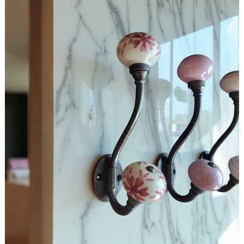 Intricate Hand Crafted Pink, White and Red Ceramic Coat Hooks | Decorative Filigree Patterned Hangers