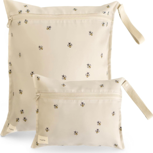 mushie Water Resistant Wet Bags | Large & Small Reusable Storage Bag for Baby Items and Travel | Zippered Pockets with Handle | Machine Washable, Set of 2 (Bees)