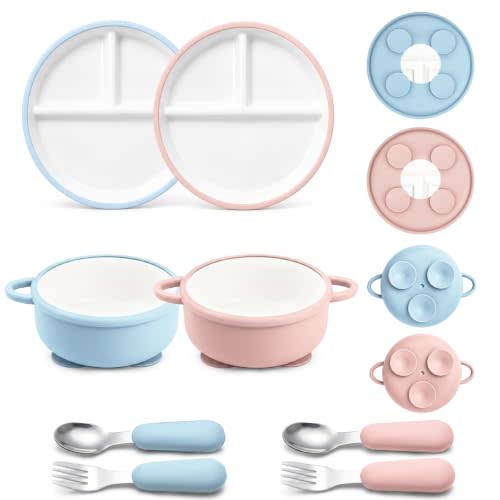 Daximo 8 Pcs Ceramic Baby Plates Set with Suction Sleeves, Spoons & Forks | 2 Porcelain Raised Divided Plates, 2 Toddler Bowls, 2 Spoons, 2 Forks / Anti Slip / BPA Free / Microwave & Dishwasher Safe