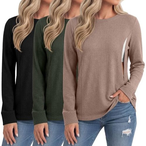 Neer 3 Pack Women's Nursing Breastfeeding Shirts | Hidden Zipper Long Sleeve Tops, Crew Neck Sweatshirts, Soft Waffle Knit Fabric, Daily Loungewear Pullovers, for Postpartum
