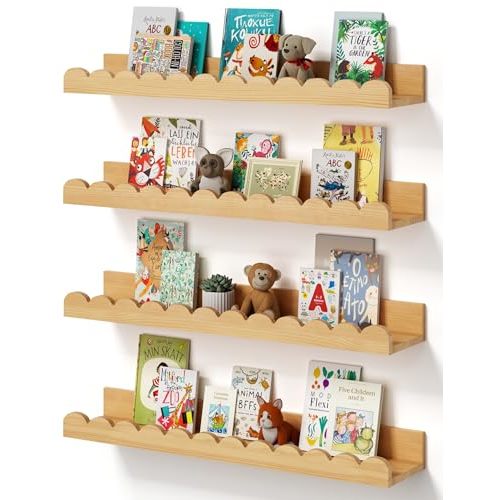Conamily Scalloped Baby Book Shelf,Floating Shelves for Wall Set of 4 Natural Solid Pine Wood Nursery Bookshelves with Wave Lip for Bedroom Kids, Toddler Room, Baby Room, Nursery Decor(Natural,40cm)