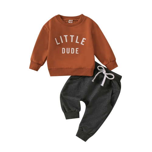 Caqnni Baby Boy Fall Outfit Set Long Sleeve Letter Print Tops Solid Pants Cute Toddler Winter Clothes (12-18 Months,Z04-Coffee)