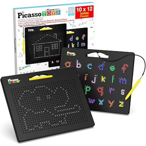 PicassoTiles 2-in-1 Double-Sided Magnetic Drawing Board Lower Case Alphabet Letter and Free Style Writing Reading Playboard 12x10 inch Large Magnet Tablet Pad Open-Ended STEAM Learning Playset PTB04