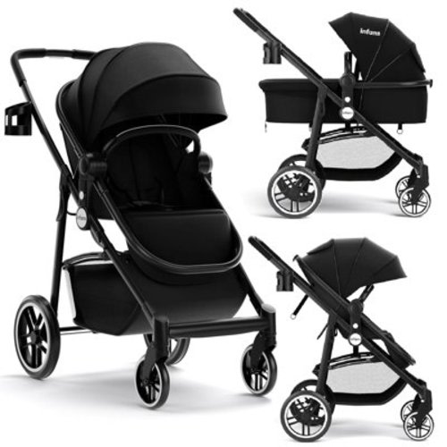 OLAKIDS 2 in 1 Baby Stroller, High Landscape Infant Stroller and Reversible Bassinet Pram, Foldable Pushchair with Adjustable Canopy, Cup Holder, Storage Basket, Suspension Wheels (Black)