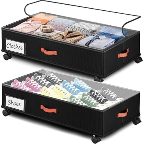 Under Bed Storage with Wheels 2-Pack, Under Bed Storage Containers 66L Clear Lids, Rolling Storage Drawers for Clothes Shoes Blankets, Underbed Organizer Bins(30" L x 16.2" W x 7.5" H)