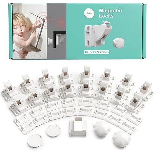 16 Pack Cabinet Locks Baby Proofing - SKYLA HOMES Children Proof Magnetic Cabinet Locks for Cupboard, Drawers, Adhesive Baby Proof Latches (16 Locks and 2 Keys)