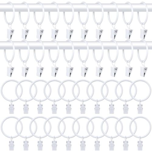 40 PCS Metal Curtain Rings with Clips, White Drapery Rings for Hanging, Curtain Clips 1.26" in Interior Diameter