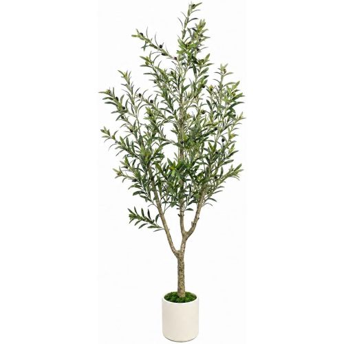 Olive Trees Artificial Indoor, 6ft Tall Olive Tree with White Planter, Faux olive tree with Natural Wood Trunk & Realistic Leaves & Lifelike Fruits, Artificial Plants for Home Decor Office Living Room