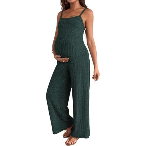 BLENCOT Maternity Ribbed Jumpsuit Sleeveless Square Neck Wide Leg Stretchy One Piece Romper