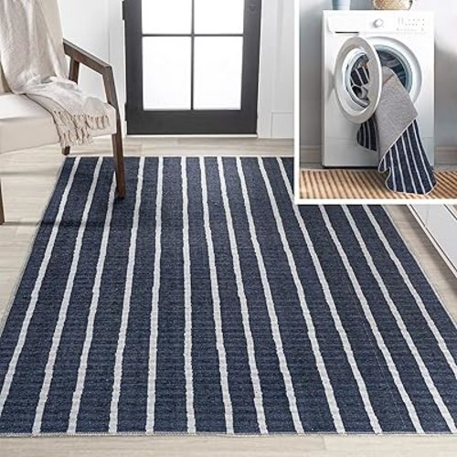 JONATHAN Y Machine Washable Navy/Gray Indoor Area Rug 8X10 ft, Rand Distressed Ticking Stripe for Living Room, Bedroom, Kitchen, Office, Easy-Cleaning, Pet-Friendly, Non-Shedding WSH119A-8