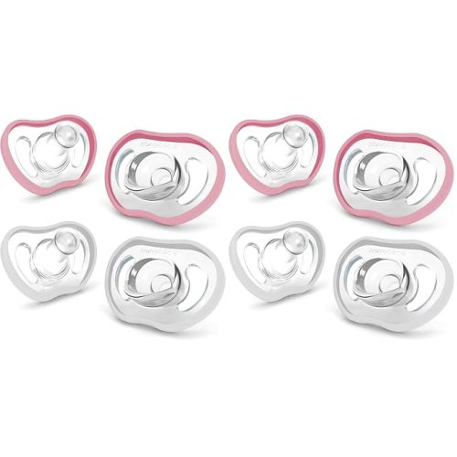 Nanobebe Active Baby Pacifiers 4-36 Months - Orthodontic, Lightweight and Vented, Curves Comfortably with Face Contour, 100% Silicone - BPA Free, Perfect Baby Registry Gift 4pk, White/Pink