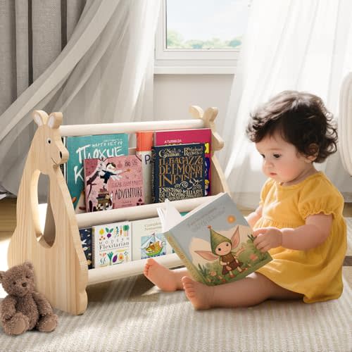 Lullulii Double Sided Kids Bookshelf –2 Tier Portable Toddler Bookshelf,Book Shelf for Kids Rooms & Playroom,Wooden Montessori Baby Bookshelf,Toddler Book Display Shelves (Nature, Kangaroo)