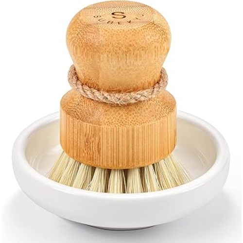 SUBEKYU Bamboo Dish Scrub Brush,Vegetable Brush,1 Pack with Ceramic Holder