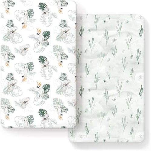 Stretch Ultra Soft Jersey Knit Fitted Crib Sheets Set 2 Pack, Fits All Standard Crib Mattress Pads Safe and Snug, Crib Fitted Sheet for Baby, Stylish Watercolor Animals for Baby, Mint Green