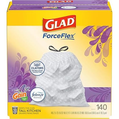 Glad ForceFlex Tall Kitchen Trash Bags, 13 Gallon, Gain Lavender, 140 Count (Package May Vary)