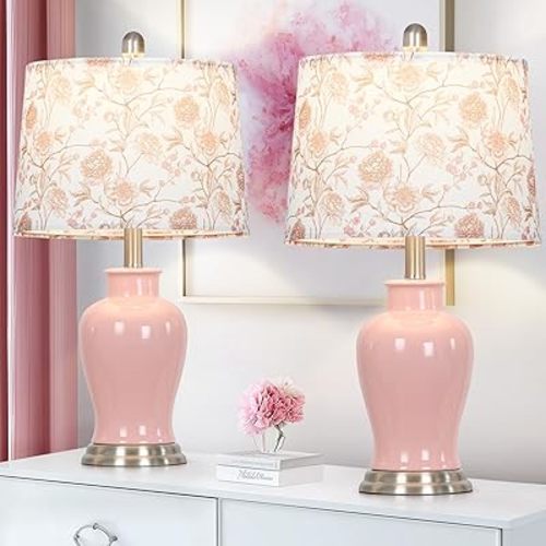 Ruzectt Pink Ceramic Table Lamp with Flower Lampshade, 23" Cute Bedroom Lamp with Ginger Jar Design, Modern Living Room Lamps Set 2, Elegant Bedside Lamps for Nightstand End Table Home Decor