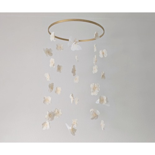 Cream Hydrangea Baby Mobile – Whimsical Feather Butterflies, Beige Nursery Decor