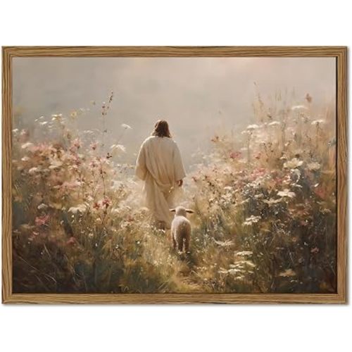 Jesus Leaves the 99 Sheep Wall Art Christian God and Lamb Wall Picture Decor The Lost Sheep Religious Bible Poster Canvas Painting Prints for Living Prayer Room Bedroom 12x16 inch Wood Framed