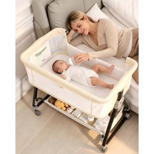 Baby Bassinets Bedside Sleeper with Wheels and Mattress, Cosleeping Baby Bed with Storage, Co-Sleeper Bassinet Attach to Bed, Bed Side Crib with Breathable Mesh, Height Adjustable (Beige)