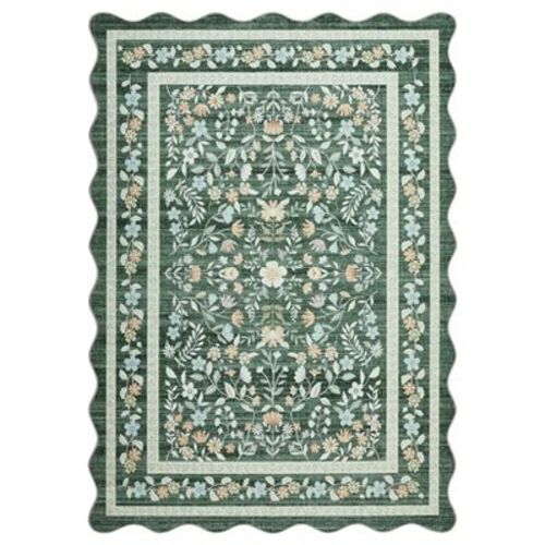 Coolmee Scalloped Area Rugs 5x7: Floral Non-Slip Washable Living Room Rug for Bedroom Office Boho Wildflower Soft Low-Pile Throw CarpetGreen