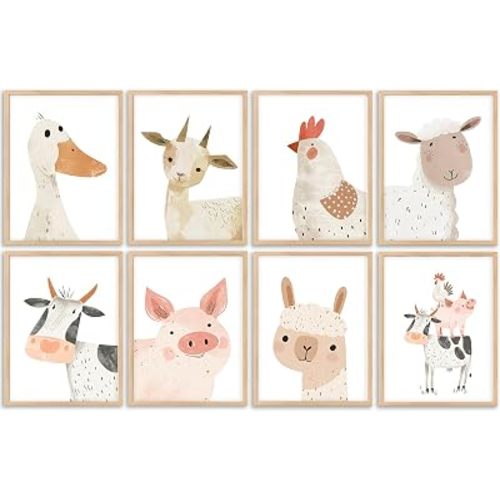 Farm Animals Nursery Wall Art Baby Room Canvas Wall Decor Cute Animals Prints Cow Pig Picture Sheep Duck Chicken Poster Painting Artwork for Girls Boys Kids Room Playroom Farmhouse 8x10x8 In Unframed