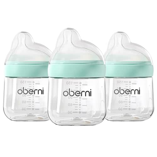 Oberni Baby Bottles with Slow Off-Centered Nipple for 0+ Months, Anti Colic Newborn Milk Feeding Bottle, 150ml/5oz/Blue/3Pack