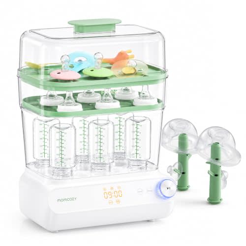 Momcozy 3-Layers Large Capacity Bottle Sterilizer and Dryer, Pump Part Mode | 11-Bottles Capacity, Fast Sterilize and Dry, Breast Pump Parts Rack Included, for Busy Parents