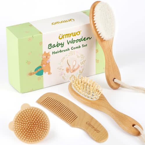 Baby Brush and Comb Set, 4 Piece Wooden Soft Bristle Hairbrush for Newborns | Baby Brush for Cradle Cap, Essentials Care Kit, Baby Shower Gift for Boys & Girls