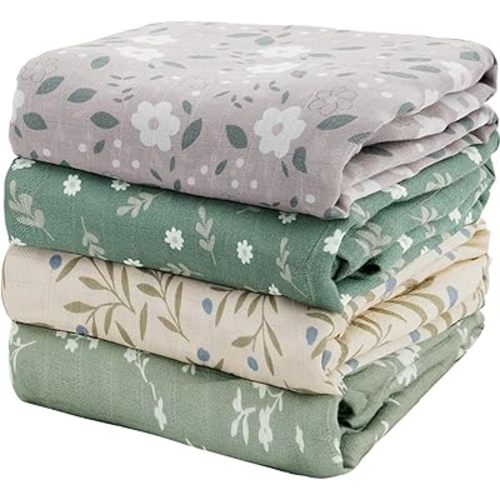 4 Set Muslin Swaddle Blankets for Newborn Baby Boys, Girls,Receiving Blankets-Cute Soft Print Baby Towel Wrap 120x110cm Baby