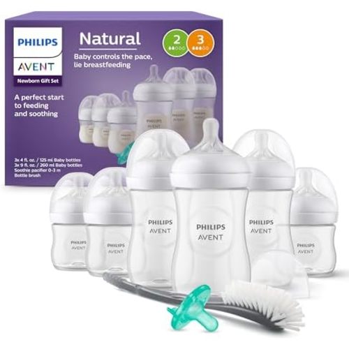 Philips Avent Newborn Gift Set - Bottles with Natural Response Nipples, 3 x 4oz/125ml (Slow Flow, Flow 2), 3 x 9oz/260ml (Medium Flow, Flow 3), Soothie 0-3m & Bottle Brush, SCD837/04