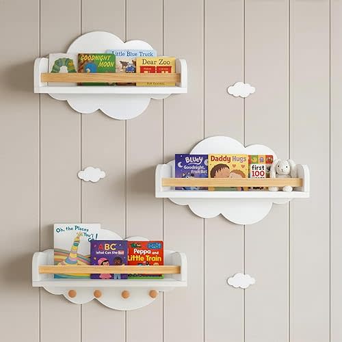 Cloud Floating Shelves Nursery Set of 3 with Decorative Mini Clouds – Wall Mounted Kids Bookshelf with Hooks, Solid Pine Rail, 15 lb Per Shelf Capacity, Nursery & Toddler Wall Decor