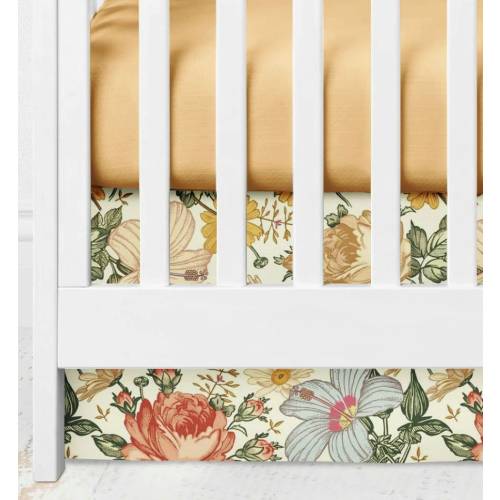 Vintage floral crib skirt ~ Flat panel crib skirt ~ Mustard crib skirt ~ Mustard cot skirt ~ Floral dust ruffle  Baby girl crib bedding set