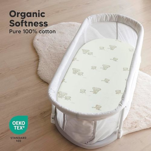 2-Pack Organic Bassinet Sheets for Girls, Boys - 100% Cotton Bassinet Mattress Sheets Compatible with Halo Bassinest Swivel Sleeper, Graco, Baby Delight, Chicco, Unisex Fitted Bassinet Sheets (Elly)