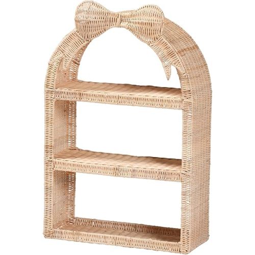 Bali & pari Creusa Natural Rattan Wall Shelf - 3-Tier Decorative Storage Rack with Arched Frame and Woven Bow Accent, Boho Coastal Display Shelf
