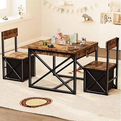 Kids Table and 2 Chairs Set, 4 in 1 Toddler Activity Table and Chairs Set with Storage, Children Desk and Chairs Set for Crafts, Drawing, Reading, Toddler Furniture Ideal for Learning Play