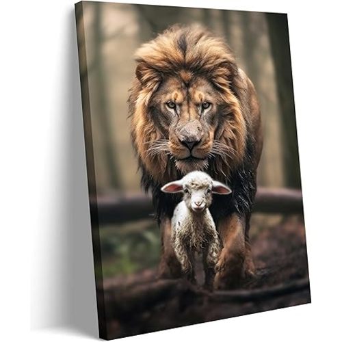 Framed Lion and Lamb Canvas Wall art Christian Jesus Lion King Poster Print God Religious Wall Decor Pictures for Living Room Bedroom Decoration