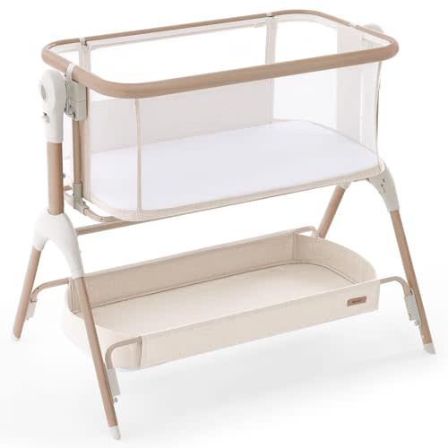 HARPPA Cuddly Signature Baby Bassinet with Mattress, 3 in 1 Bedside Sleeper & Rocking Cradle, Breathable Mesh, 5 Height Adjustable, Newborn 0–5 Months, Beige