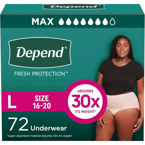 Depend Fresh Protection Adult Diapers, Incontinence & Postpartum Bladder Leak Underwear for Women, Disposable, Maximum, Large, Blush, 72 Count (2 Packs of 36), Packaging May Vary