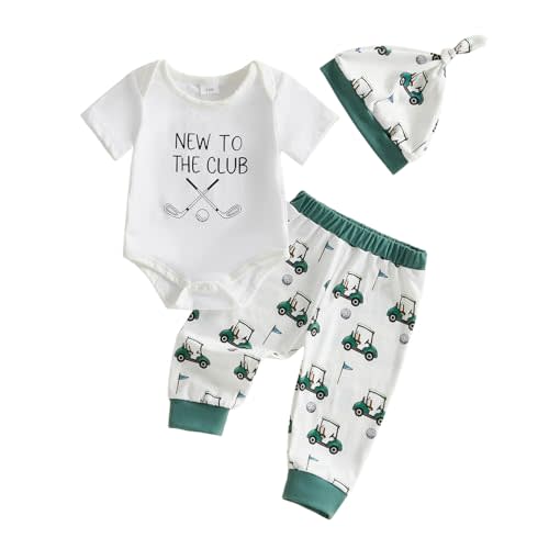 Newborn Baby Boy Golf Outfit Golf Cart Print Short Sleeve Romper Bodysuit and Pants Hat Summer Clothes