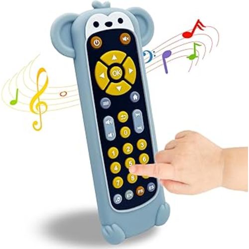 Baby TV Remote Control Toy with Cute Giraffe Soft Silicone Cover Teething, Realistic Baby Musical Remote Control Toy with Light ＆ Sound (Monkey)