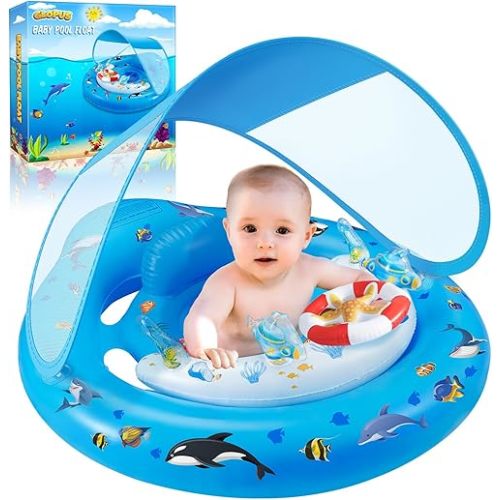 Baby Pool Float with Canopy UPF50+ Sun Protection, Inflatable Kids Pool Floats with Toy Play Console for Baby 6-36 Months, Infant Swimming Float with Adjustable Safety Seat for Boys Girls