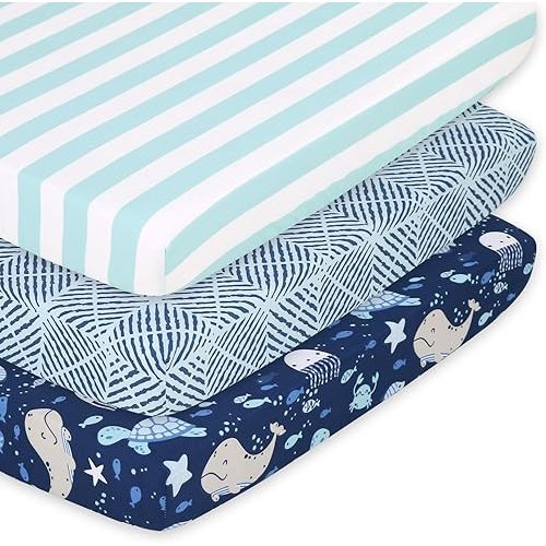 The Peanutshell 3-Pack Fitted Playard Sheets - Soft & Breathable Baby Boy or Girl Mini Crib Sheets, Pack N Play Mattress, Fits Standard Playard Pack Play Mattresses - Sealife