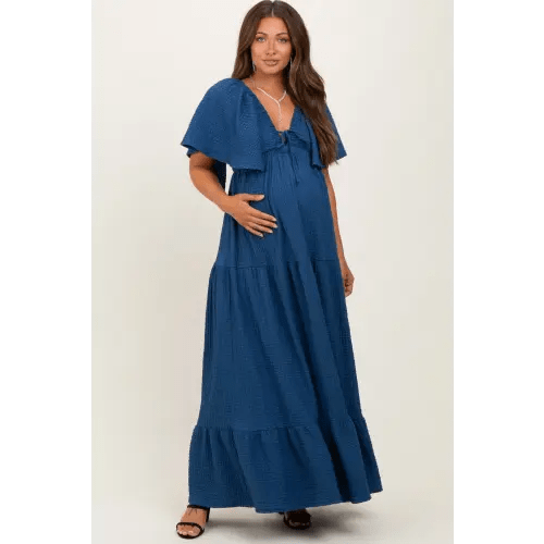 Large - Royal Blue Woven Textured Flutter Sleeve V-Neck Tiered Maternity Maxi Dress