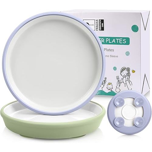 Domensi 2 Sets Kids Porcelain Plates with Silicone Suction Sleeve Toddler Suction Plates Baby Porcelain Snack Dishes for Kid Toddler Baby Self Feeding Microwave Dishwasher Safe (Classic Color)