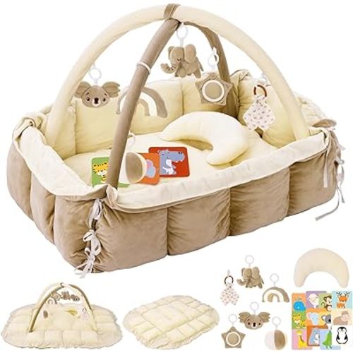 5-in-1 Plush Baby Play Gym & Activity Mat, Baby Play Mats, Baby Gym with Convertible Design, Tummy Time Mat with Pillow, 6 Sensory Toys for Newborn to Toddler, Cream