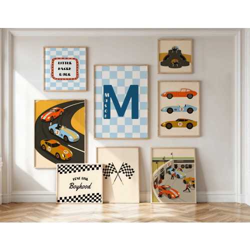 Set Of 8 Personalised Race Car Prints, Vehicle Prints, Boys Bedroom Prints, Toddler Boy Wall Art, Playroom Prints,Race Car Theme Nursery Art