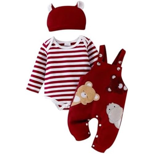 Baby Boy Clothes Newborn Striped Romper Fall Outfits + Infant Cartoon Suspender Overall + Cute Hat 3 Pcs 0-18 Months